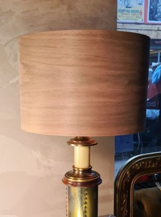 lampe 1970 bois et metal style riveté patiné avec superbe ab