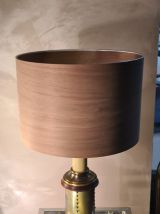 lampe 1970 bois et metal style riveté patiné avec superbe ab