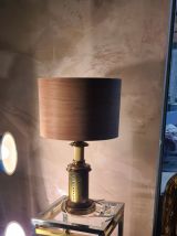 lampe 1970 bois et metal style riveté patiné avec superbe ab