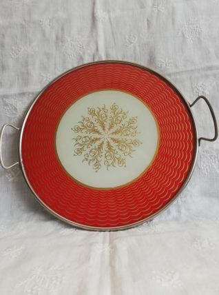 Plateau rond metal et verre vintage 