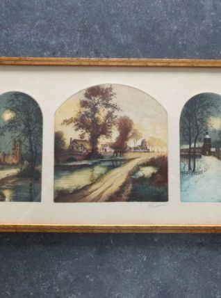 Eau forte signée, cadre marqueterie. 