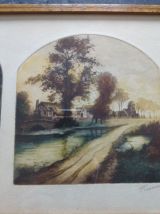 Eau forte signée, cadre marqueterie. 