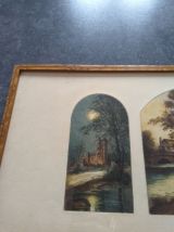 Eau forte signée, cadre marqueterie. 