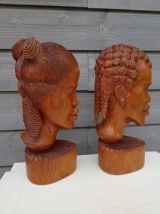 paire de statues buste africaine en bois