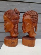 paire de statues buste africaine en bois