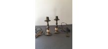 2 Pieds de lampe anciens en laiton et onyx veiné marron