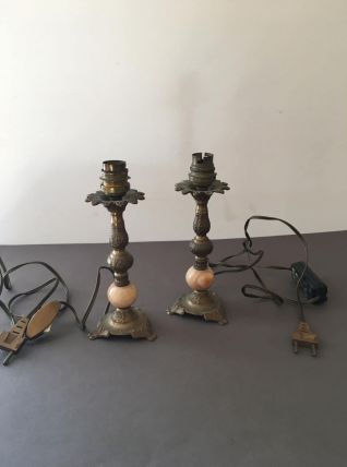 2 Pieds de lampe anciens en laiton et onyx veiné marron
