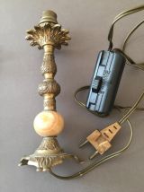 2 Pieds de lampe anciens en laiton et onyx veiné marron