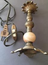 2 Pieds de lampe anciens en laiton et onyx veiné marron