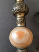 2 Pieds de lampe anciens en laiton et onyx veiné marron