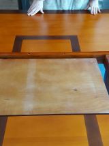 Table en  bois massif avec 2 rallonges + verre de protection