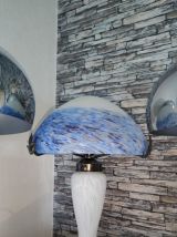 Lampe champignon pâte de verre bleu et Blanc 1990