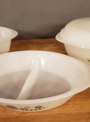 Lot de 3 plats vintage en pyrex fleurs vertes