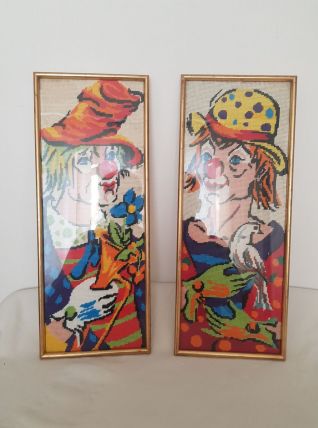 Paire de canevas enfants clowns vintage