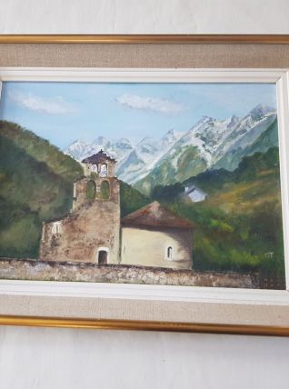 Tableau Huile sur panneau signé OT paysage de montagne XXème