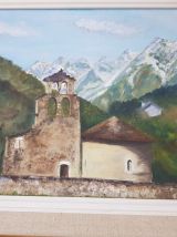 Tableau Huile sur panneau signé OT paysage de montagne XXème