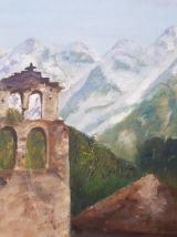 Tableau Huile sur panneau signé OT paysage de montagne XXème