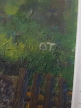 Tableau Huile sur panneau signé OT paysage de montagne XXème