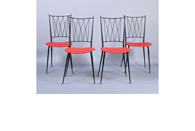 LOT DE 4 CHAISESS CLAUDE DELOR METAL ET ASSISE SKAI ROUGE 