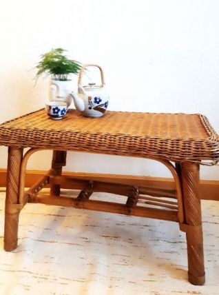 Table basse rectangulaire en rotin vintage 