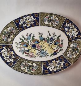 Ancien grand plat en céramique décor de paon art populaire M