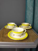 3 tasses et soucoupes Faïence de Gien décor de fleurs
