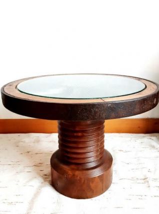 Table basse roue en bois brutaliste style Dudouyt 