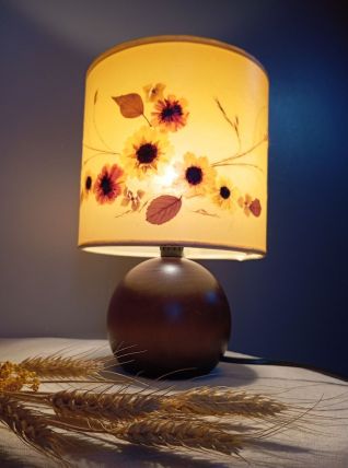lampe à poser pied boule bois, abat jour herbier, vint