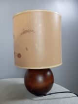 lampe à poser pied boule bois, abat jour herbier, vint