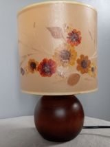 lampe à poser pied boule bois, abat jour herbier, vint