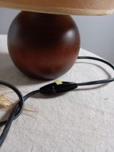 lampe à poser pied boule bois, abat jour herbier, vint