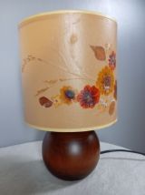 lampe à poser pied boule bois, abat jour herbier, vint