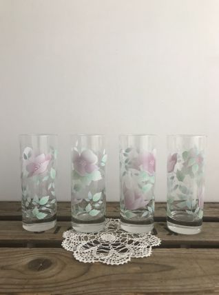 4 verres à eau fleuris 