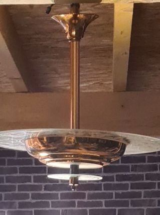 lustre suspension art deco  1920 a 40     cuivre et verre tr