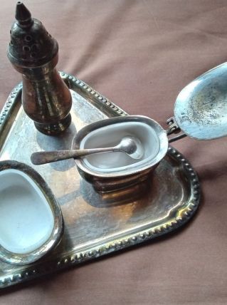 Ensemble sel/poivre/moutarde sur plateau - Métal argenté