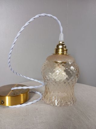 Suspension vintage tulipe texturé ambré, cordon blanc tressé