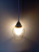 Suspension vintage tulipe texturé ambré, cordon blanc tressé