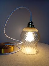 Suspension vintage tulipe texturé ambré, cordon blanc tressé