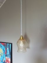 Suspension vintage tulipe texturé ambré, cordon blanc tressé