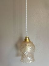Suspension vintage tulipe texturé ambré, cordon blanc tressé