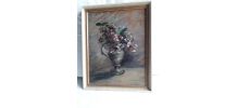 Tableau ancien à l'huile représentant un bouquet de fleurs.