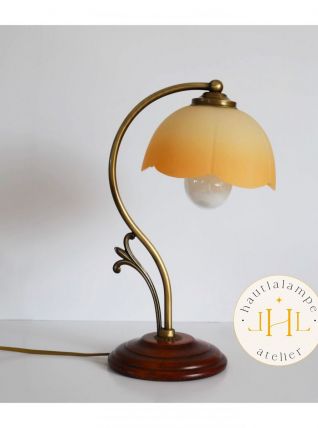 Lampe col de cygne bois et laiton, tulipe fleur en verre opa