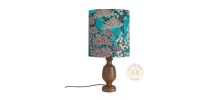 Lampe vintage pied en bois et abat-jour ovale imprimé