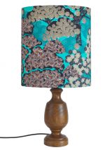 Lampe vintage pied en bois et abat-jour ovale imprimé