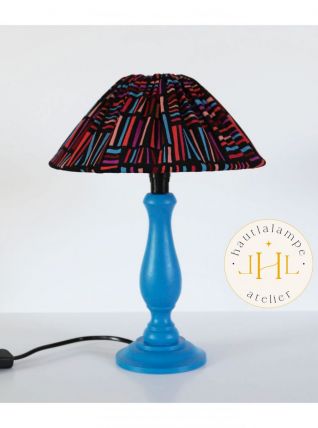 Petite lampe ancienne pied en bois peint et abat-jour imprim