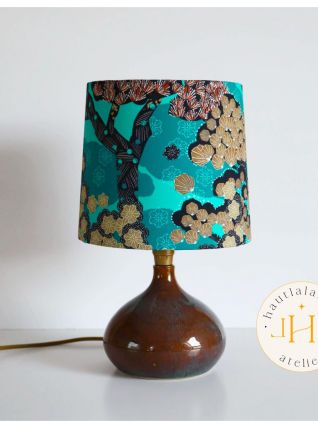 Lampe vintage pied en grès et abat-jour imprimé