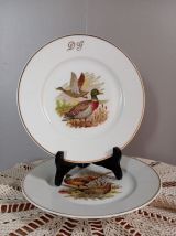 8 assiettes plates porcelaine Limoges décor gibier,  1950