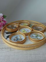 Ensemble Plateau et Six Sous Verre en rotin et papillons