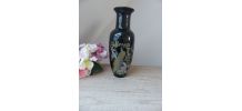 Ancien Vase Noir Décor Fleurs et Paon en Céramique Fabriqué 