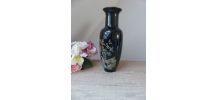 Ancien Vase Noir Décor Fleurs et Paon en Céramique Fabriqué 